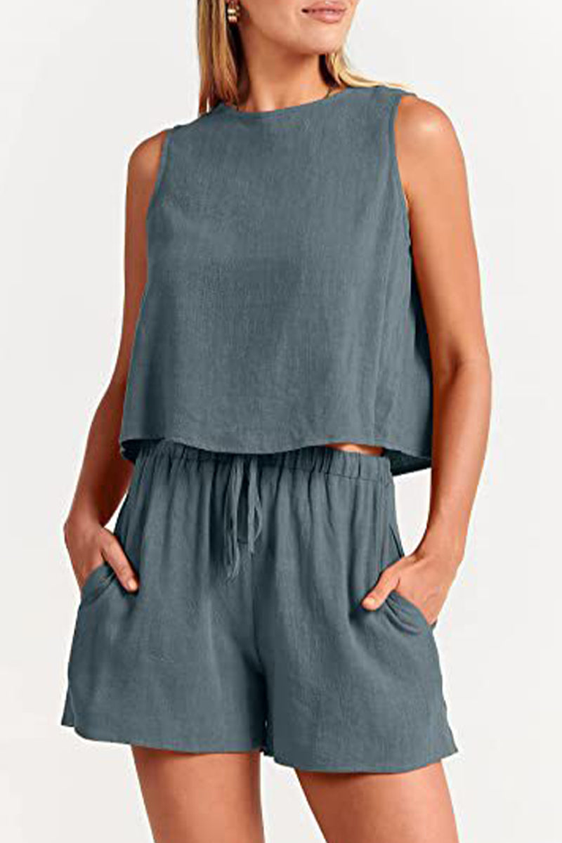 Reign - bateau neckline sleeveless and drawstring pocket short set