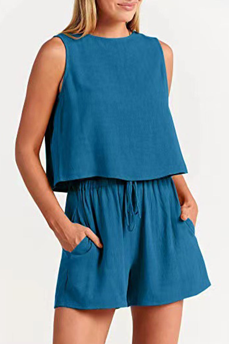 Reign - bateau neckline sleeveless and drawstring pocket short set