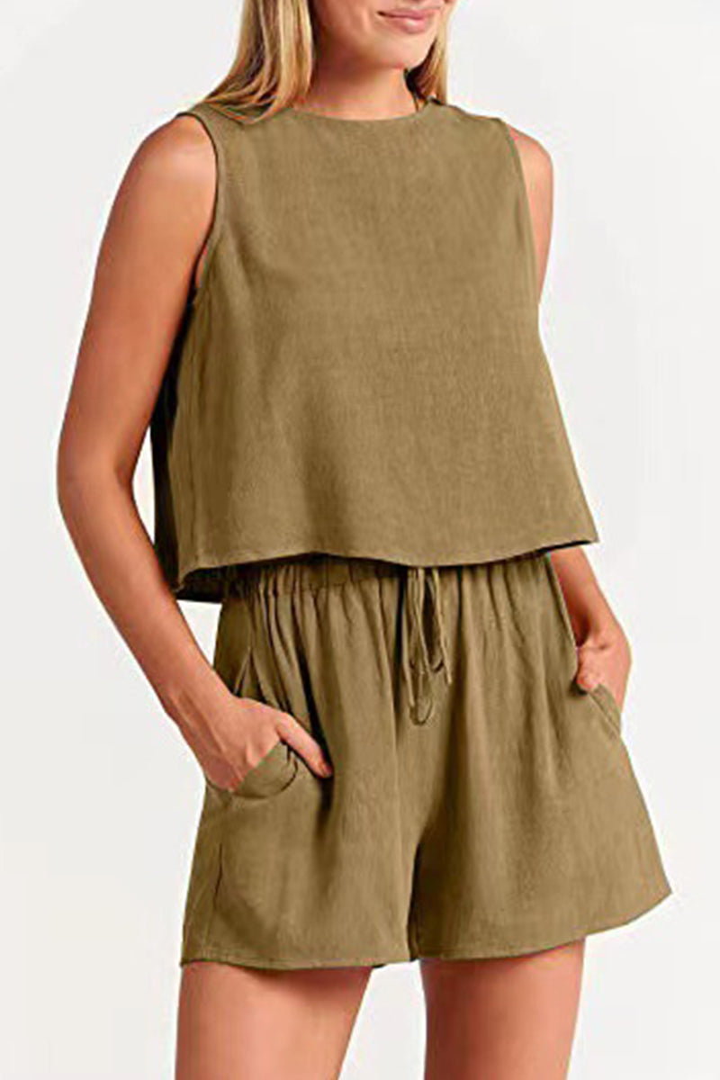 Reign - bateau neckline sleeveless and drawstring pocket short set