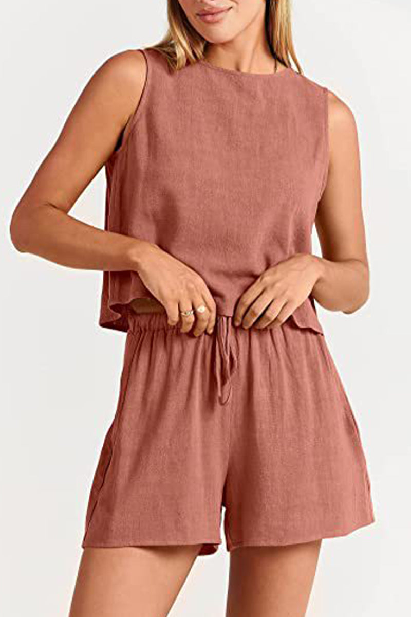Reign - bateau neckline sleeveless and drawstring pocket short set