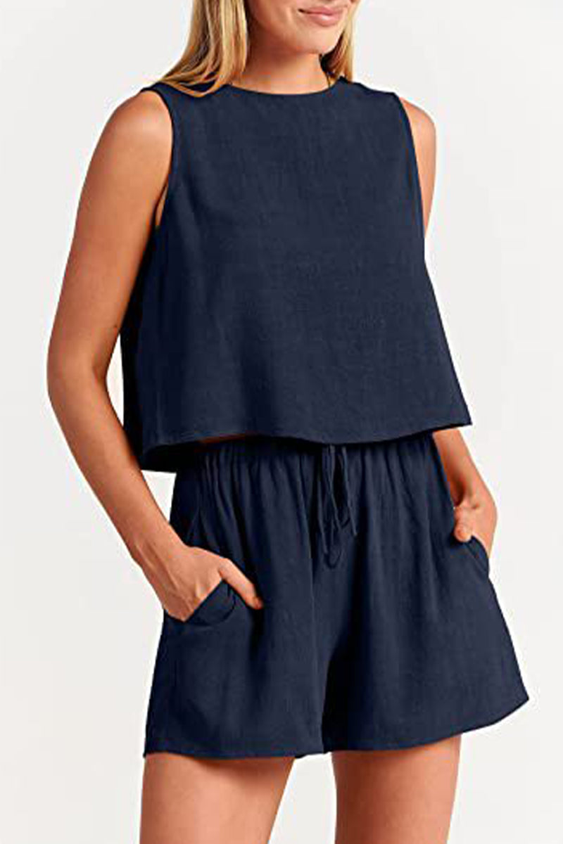 Reign - bateau neckline sleeveless and drawstring pocket short set