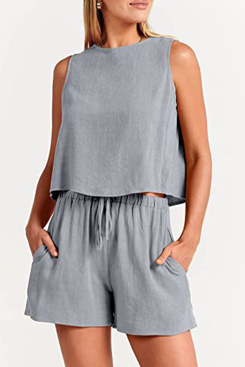 Reign - bateau neckline sleeveless and drawstring pocket short set