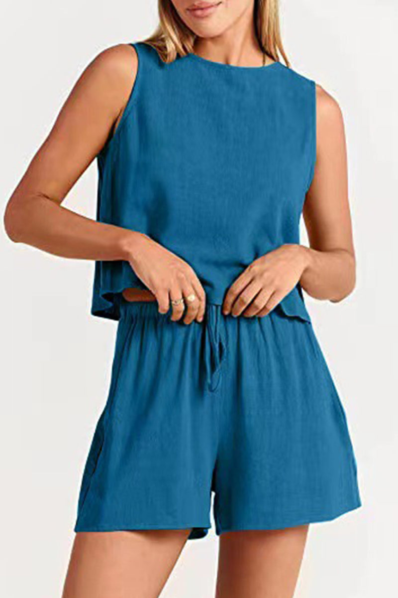 Reign - bateau neckline sleeveless and drawstring pocket short set