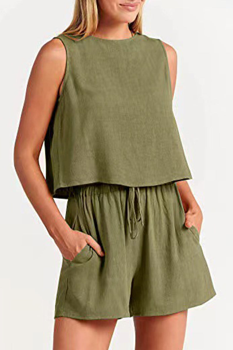 Reign - bateau neckline sleeveless and drawstring pocket short set