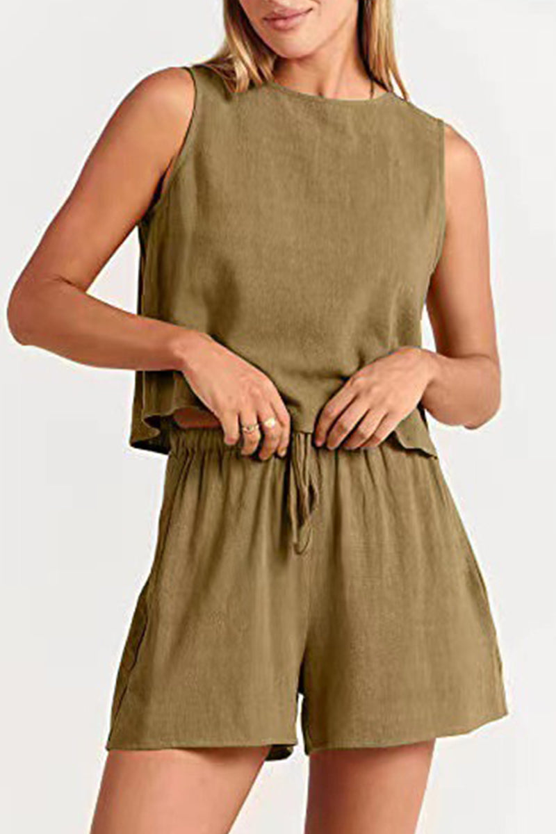 Reign - bateau neckline sleeveless and drawstring pocket short set