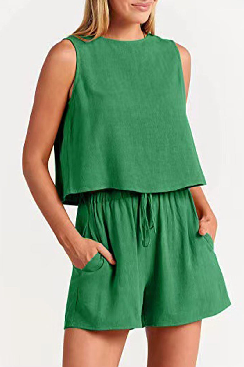 Reign - bateau neckline sleeveless and drawstring pocket short set