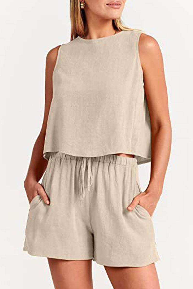 Reign - bateau neckline sleeveless and drawstring pocket short set