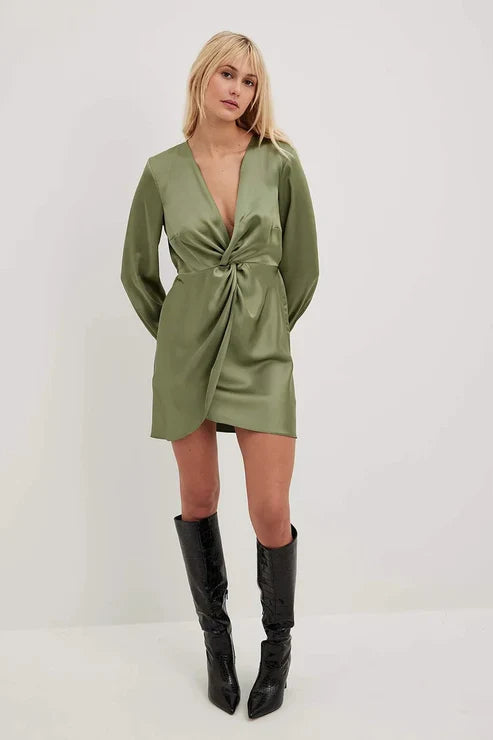 Women's Mini Dress - Satin Finish - Long Sleeve - Elastic Waist Elegant Fit