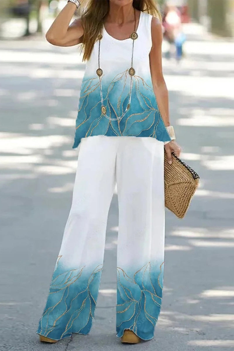 Moani - casual fun printed o neck sleeveless top and pants set