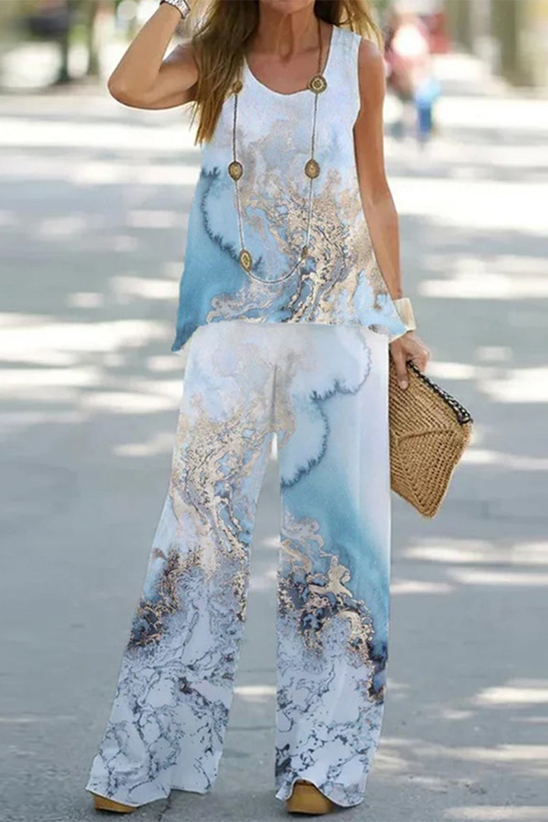 Moani - casual fun printed o neck sleeveless top and pants set