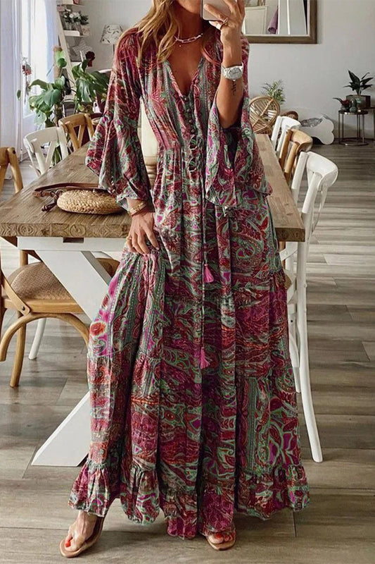 Floral Patchwork V-Neck A-Line Dress