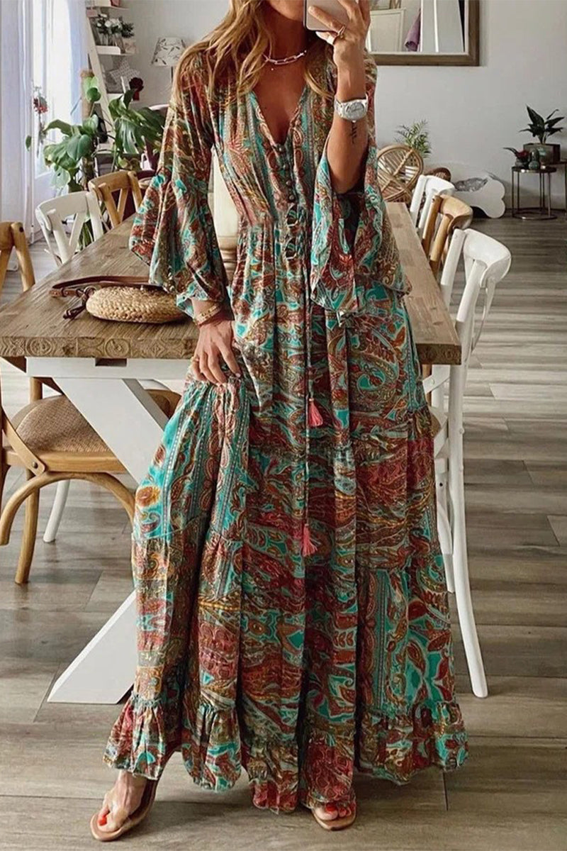 Samantha - college vacation floral patchwork V-neck a line dress