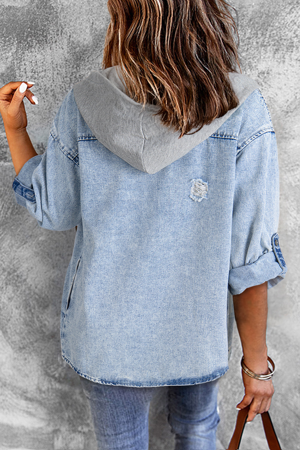 Multi-pocket denim jacket with hooded collar for women
