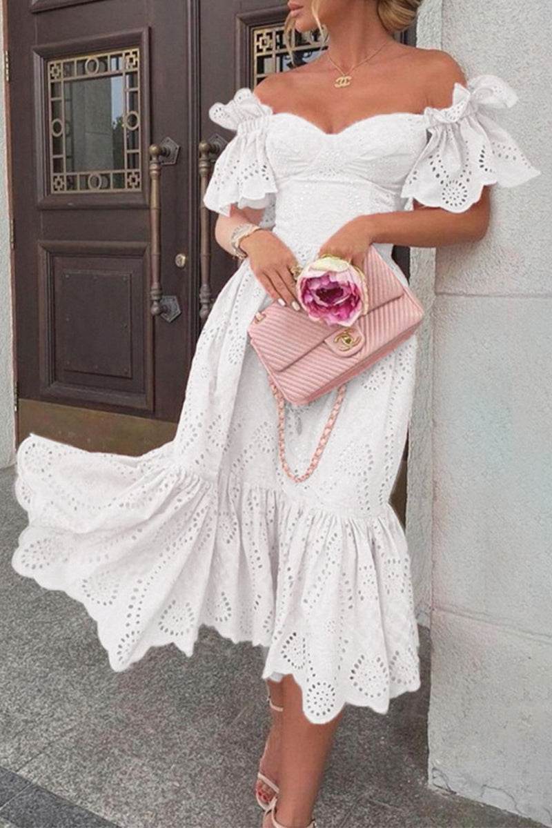 Women's Off-Shoulder Dress - Sweetheart Neckline - Eyelet Pattern - Ruffled Sleeves - Knee-Length