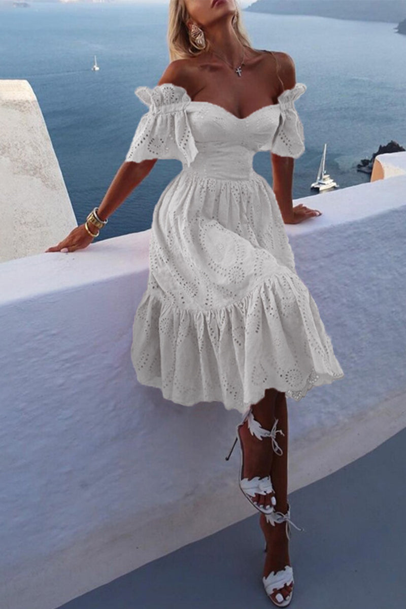 Women's Off-Shoulder Dress - Sweetheart Neckline - Eyelet Pattern - Ruffled Sleeves - Knee-Length