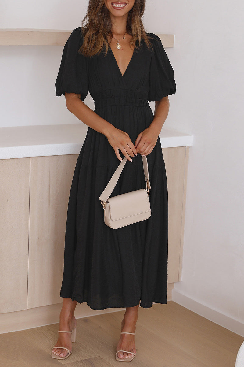 Flowy Puff Sleeve Empire Waist Midi Dress