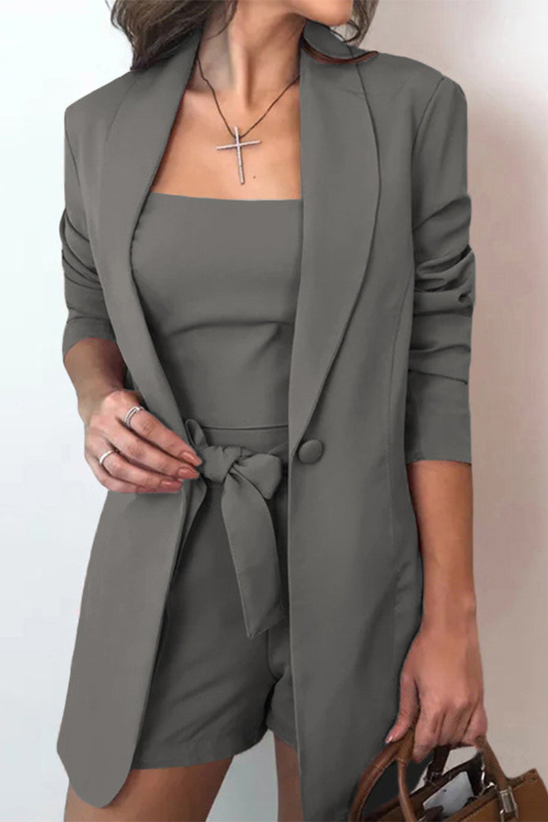 Mariella - casual solid with bow turn-back collar three piece set
