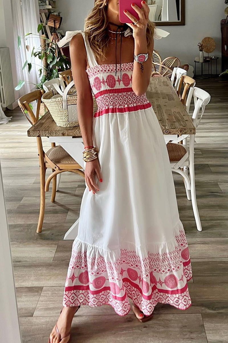 Women's Bohemian Maxi Dress - Sleeveless Spaghetti Straps - Flowy Ethnic Print
