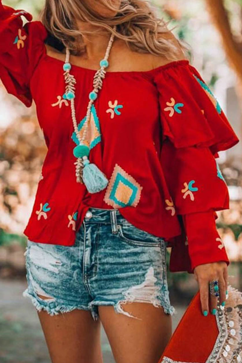 Women’s Off-Shoulder Blouse - Bohemian Embroidered - Flowy Ruffle Sleeves - Lightweight Cotton