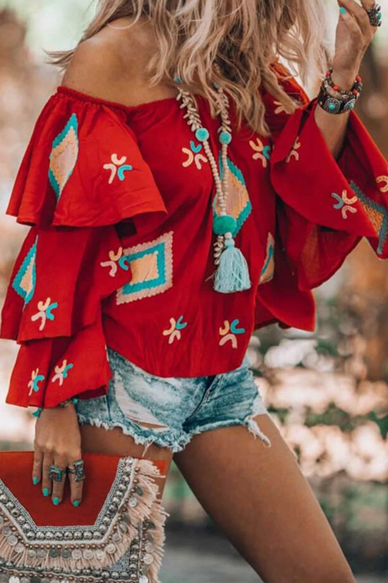 Women’s Off-Shoulder Blouse - Bohemian Embroidered - Flowy Ruffle Sleeves - Lightweight Cotton