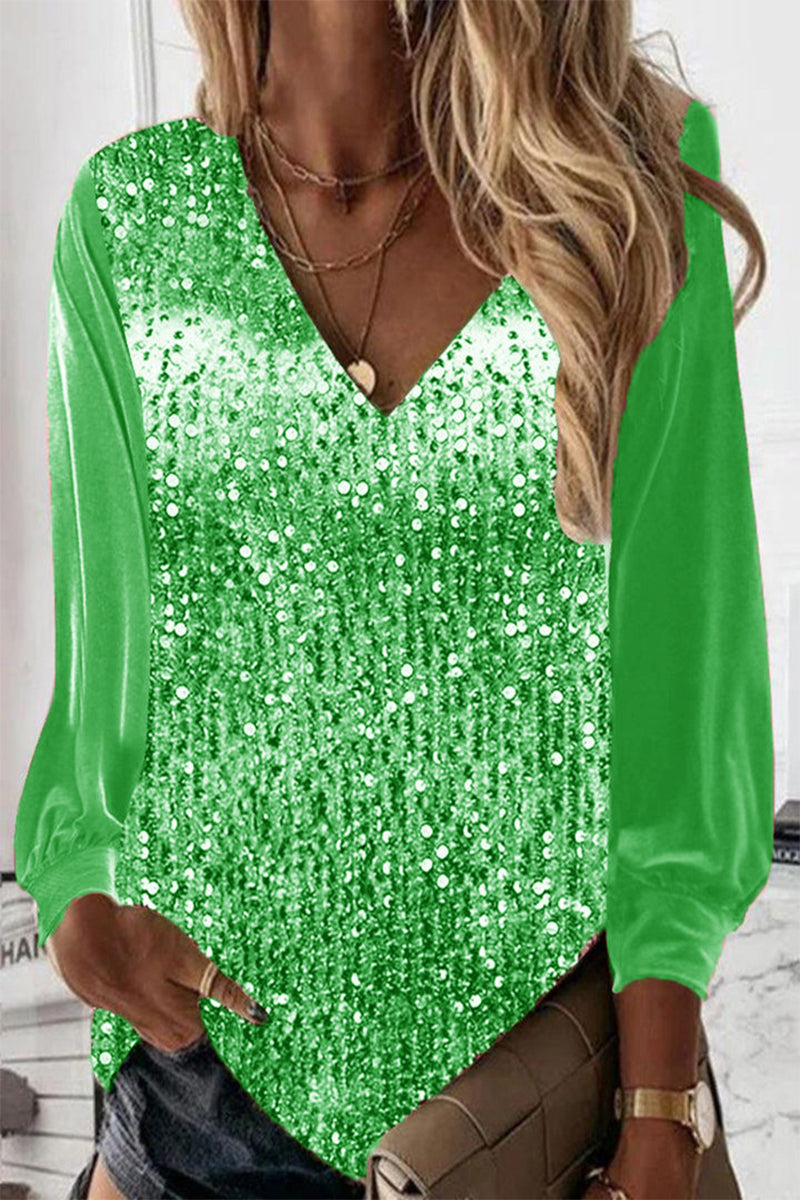 Women's Printed Blouse - V-Neck Long Sleeve - Sparkly Glamorous Party Top