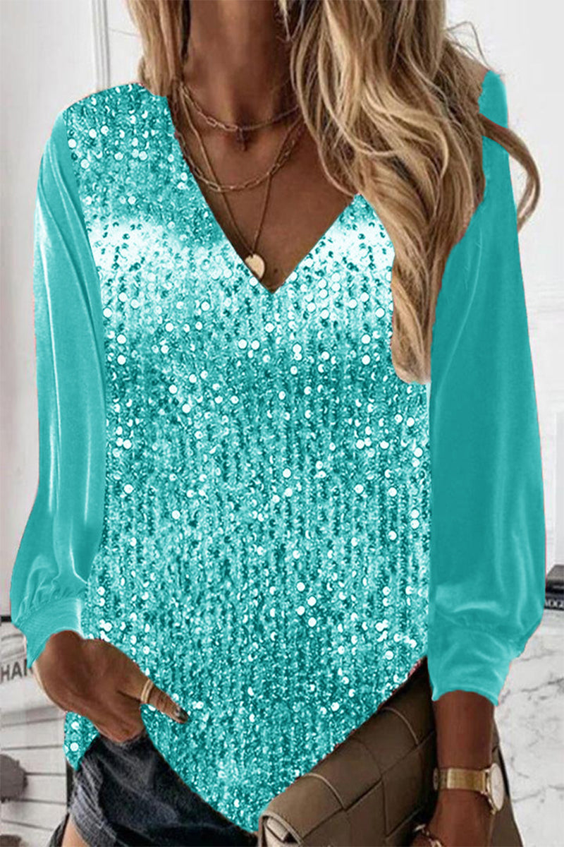 Women's Printed Blouse - V-Neck Long Sleeve - Sparkly Glamorous Party Top