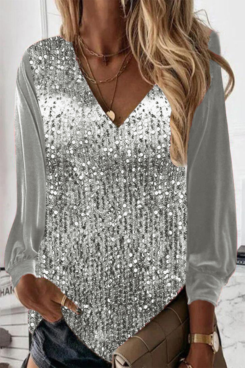 Women's Printed Blouse - V-Neck Long Sleeve - Sparkly Glamorous Party Top