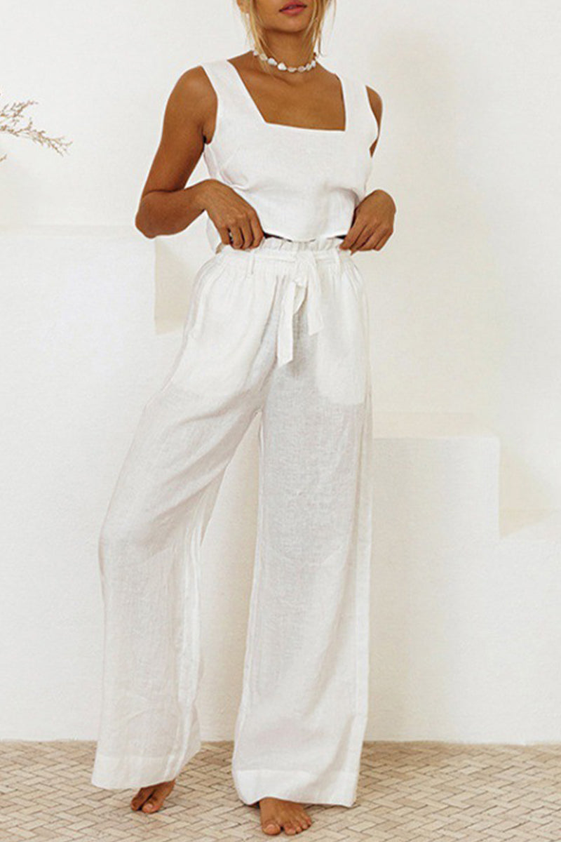 Women’s Jumpsuit – Square Neck – Sleeveless – Wide Leg – Tie Waist – Lightweight Fabric