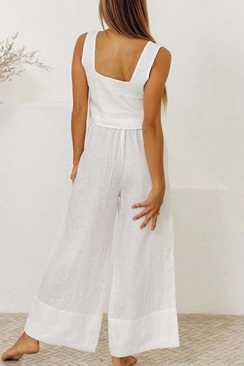 Women’s Jumpsuit – Square Neck – Sleeveless – Wide Leg – Tie Waist – Lightweight Fabric