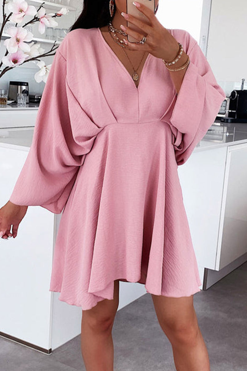 Women's V-Neck Long Sleeve Dress - Loose Fit - Flowy Casual Semi-Formal Wear