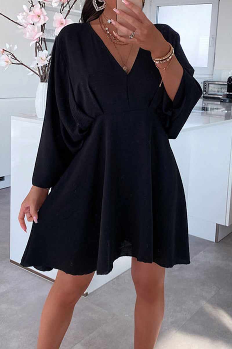 Women's V-Neck Long Sleeve Dress - Loose Fit - Flowy Casual Semi-Formal Wear