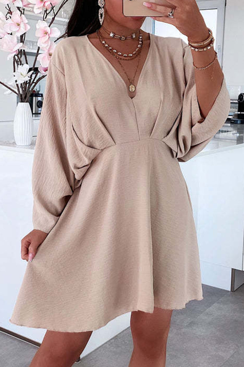 Women's V-Neck Long Sleeve Dress - Loose Fit - Flowy Casual Semi-Formal Wear