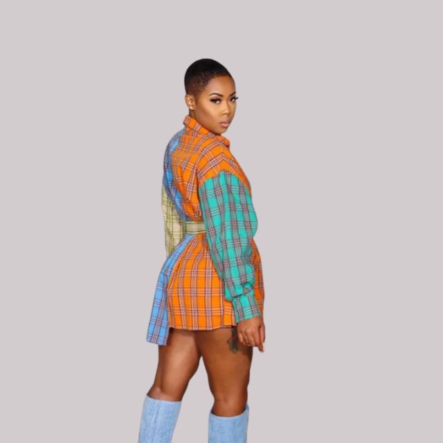 Women's Oversized Shirt Dress - Plaid Patchwork - Button-Up with Waist Tie