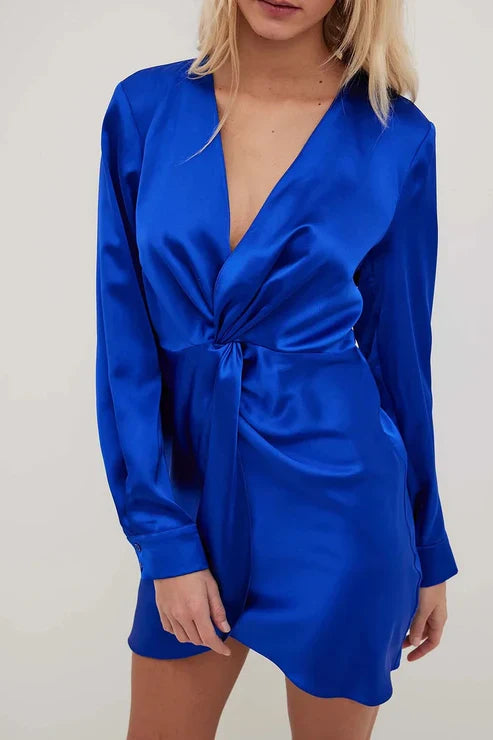 Women's Mini Dress - Satin Finish - Long Sleeve - Elastic Waist Elegant Fit