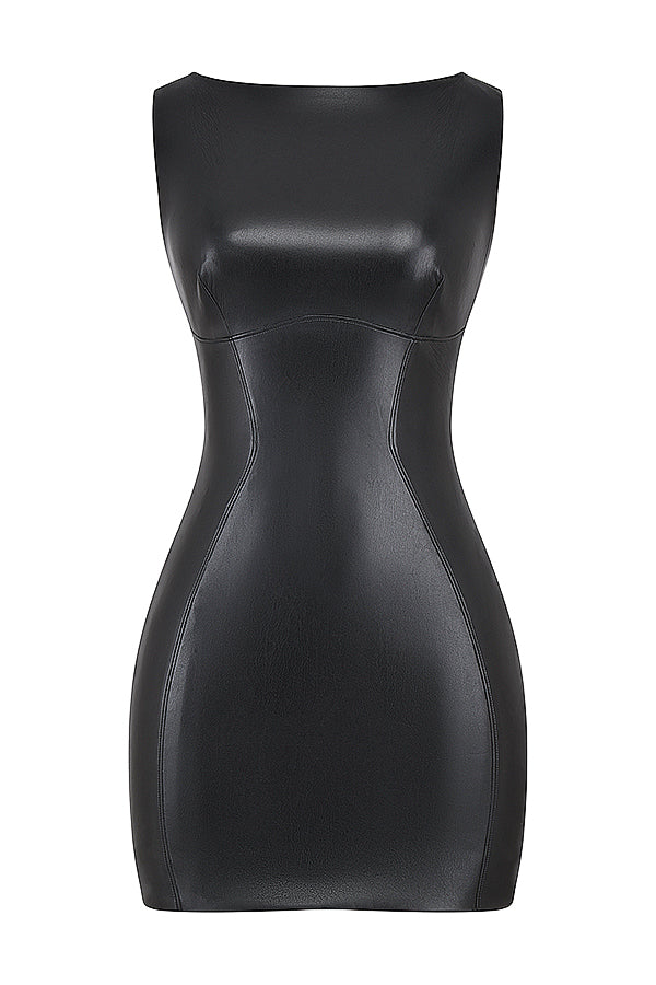 Women's Mini Dress - Sleeveless Faux Leather - Bodycon Fit - High Neck Elegant Night Out