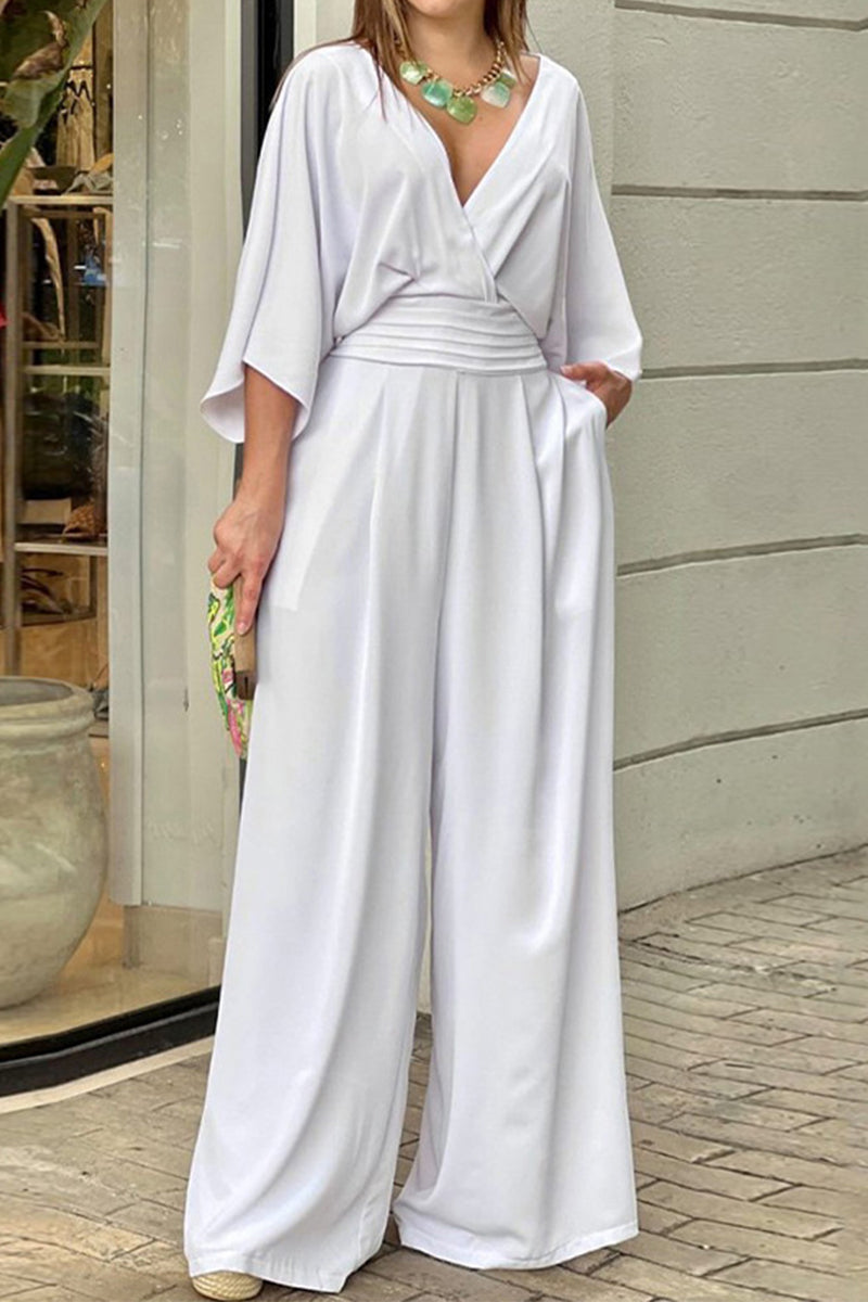 Women's Jumpsuit - Wrap V-Neck - Wide Sleeves - Elastic Waist - Flowing Wide-Leg