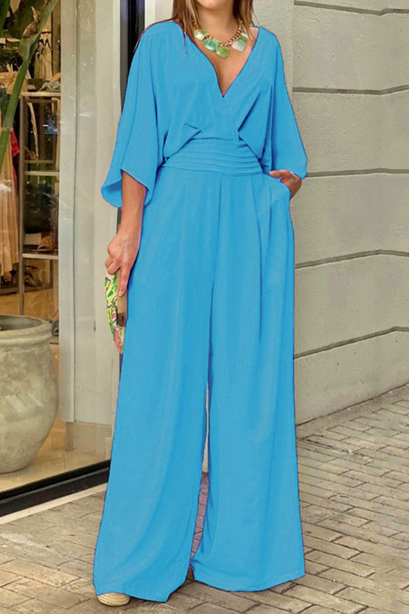 Women's Jumpsuit - Wrap V-Neck - Wide Sleeves - Elastic Waist - Flowing Wide-Leg