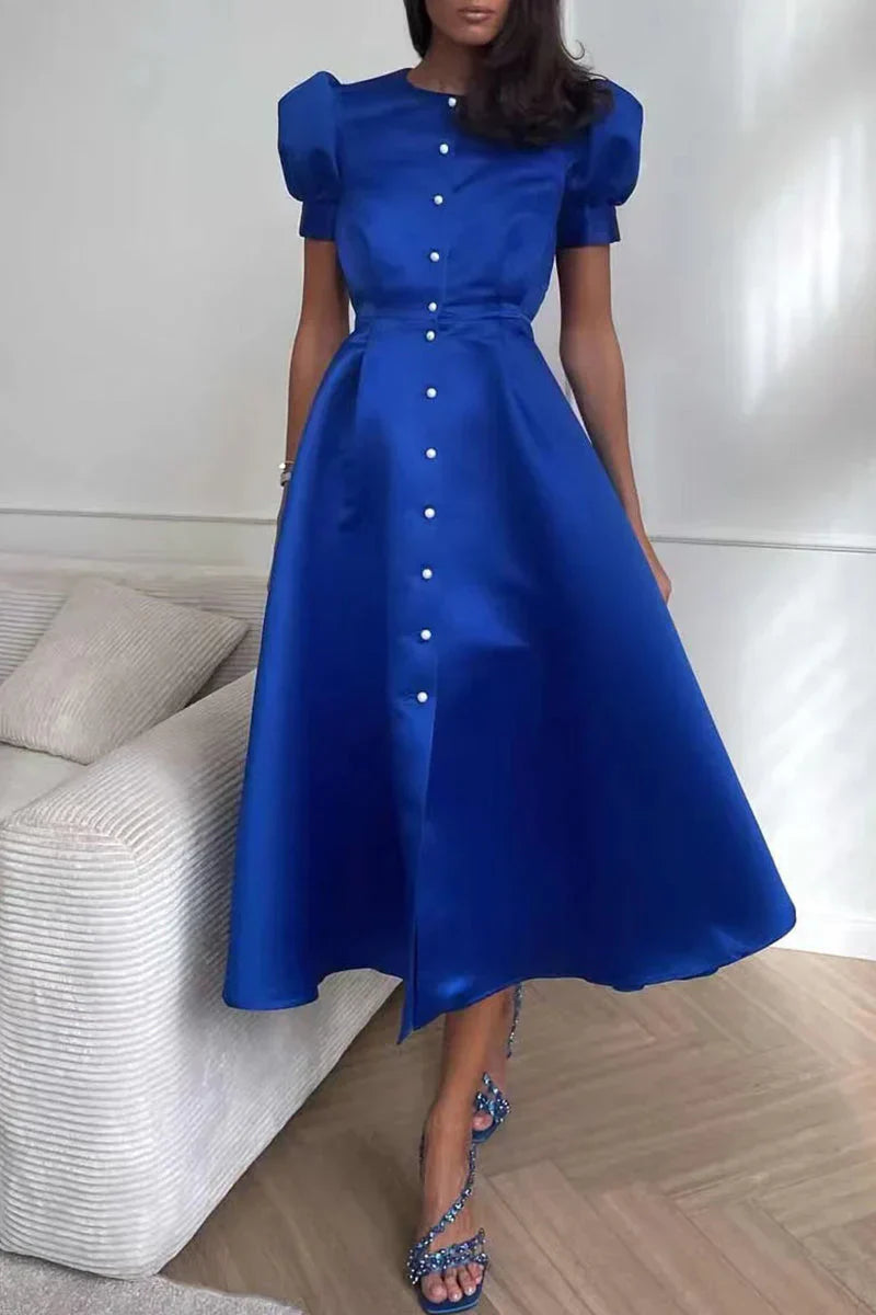 Women's Midi Dress - Puff Sleeve - Button Down - A-Line Silhouette - Elegant Fit