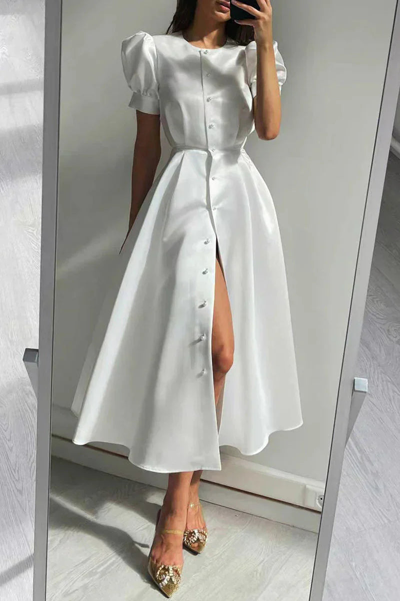 Women's Midi Dress - Puff Sleeve - Button Down - A-Line Silhouette - Elegant Fit