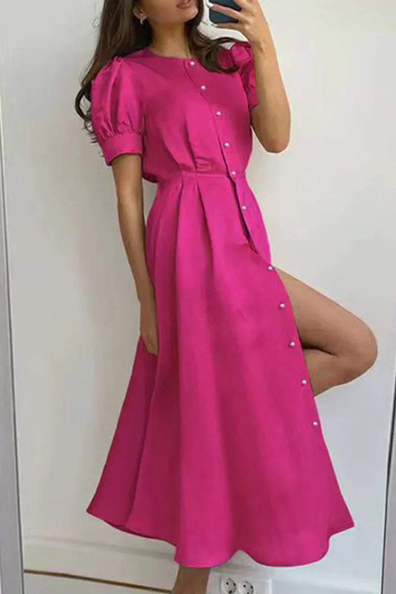 Women's Midi Dress - Puff Sleeve - Button Down - A-Line Silhouette - Elegant Fit