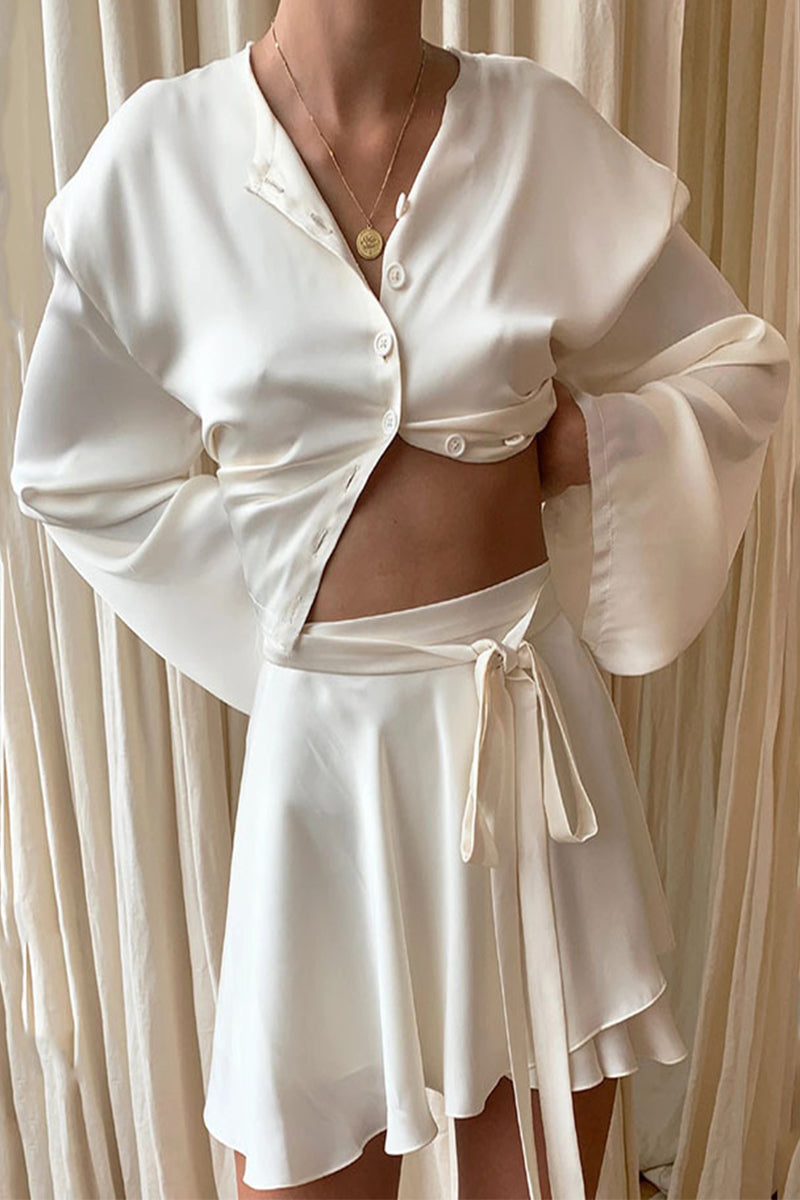 Women's Satin Blouse and Skirt Set - V-Neck Long Sleeve Crop Top - High-Waisted Mini Skirt with Tie Waist
