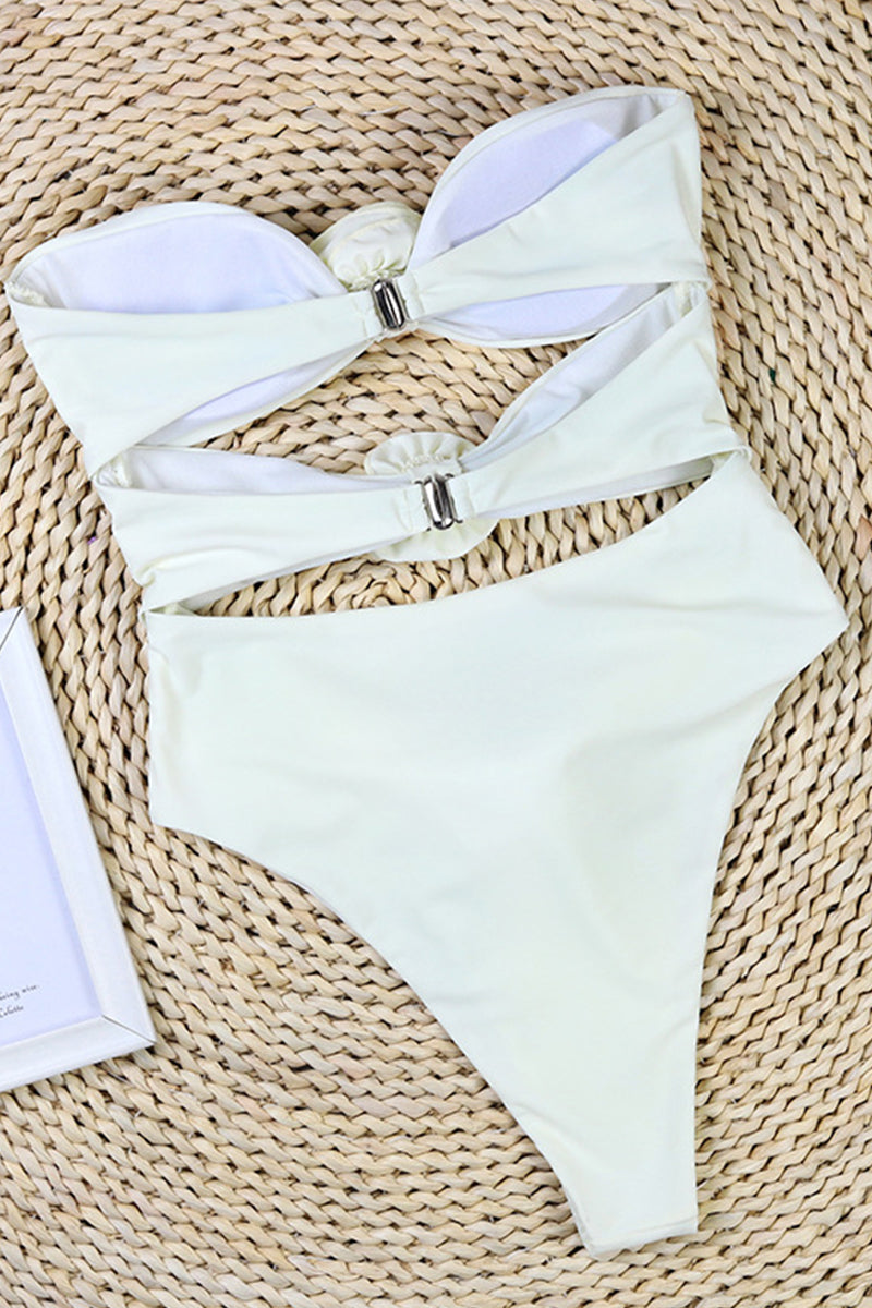 Women’s Bandeau Swimsuit – Floral Appliqué – Side Cut-Out – High Cut – Sleek Fit