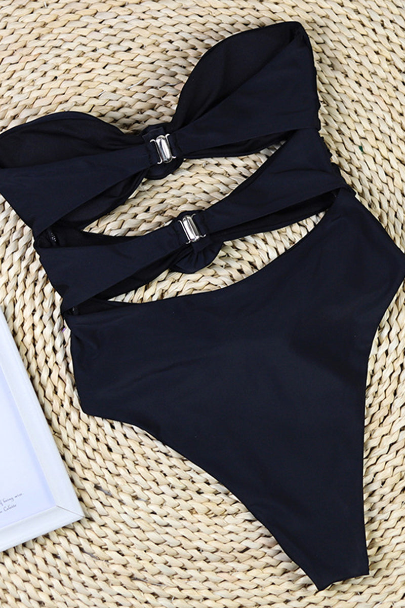 Women’s Bandeau Swimsuit – Floral Appliqué – Side Cut-Out – High Cut – Sleek Fit