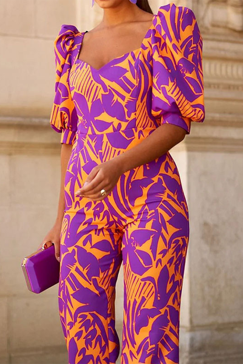 Women's Jumpsuit - Square Neck - Puff Sleeve - Wide Leg - Abstract Print