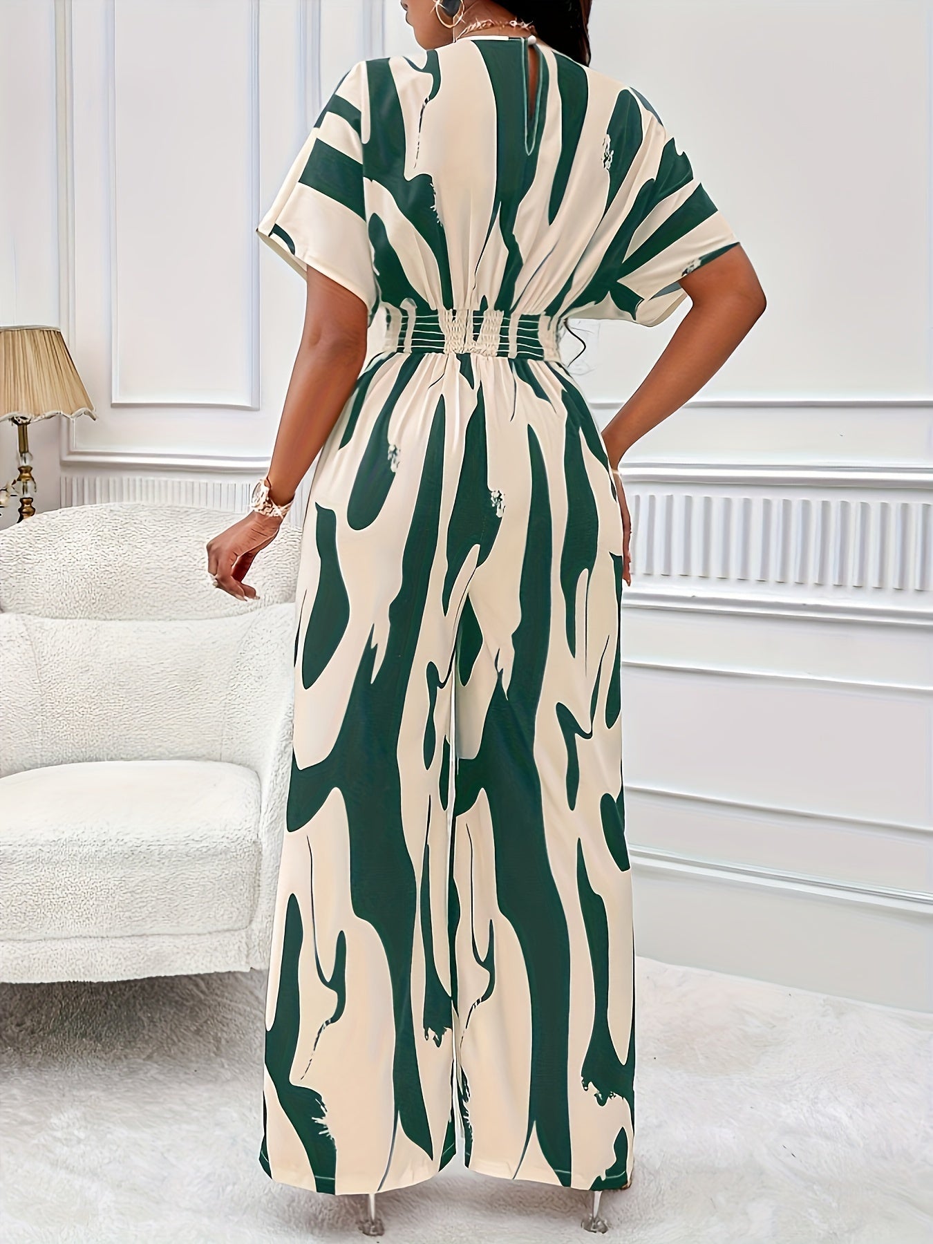 Women's Jumpsuit - V-Neck Short Sleeve - Wide Leg Flowy Fit - Stylish Abstract Print