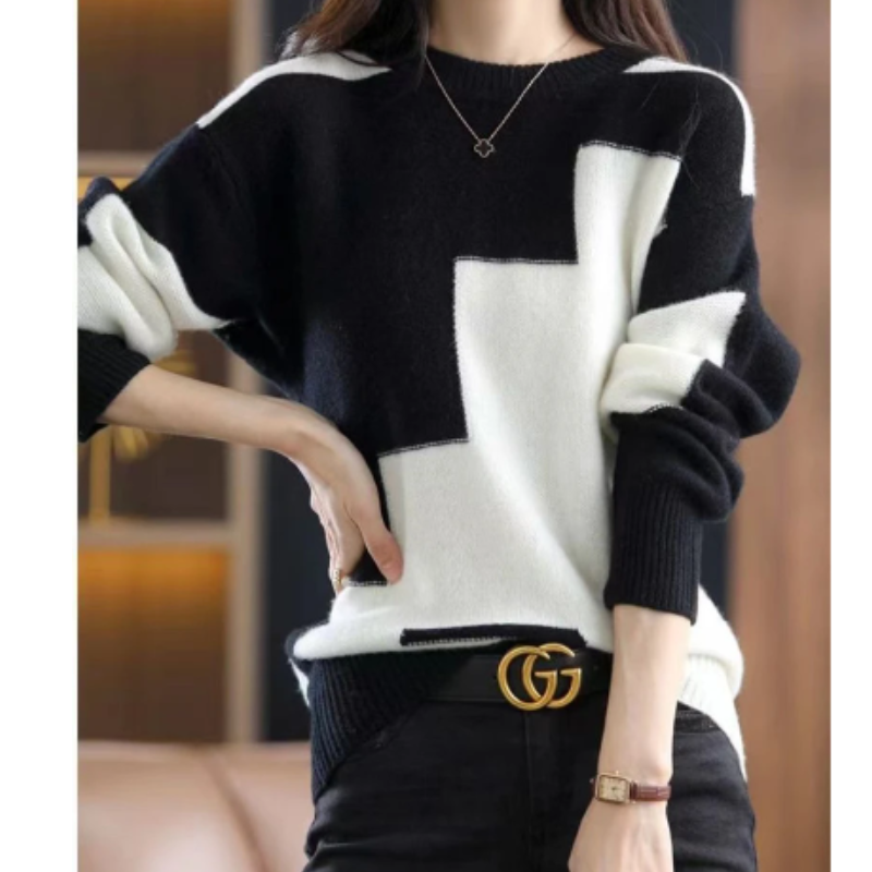 Women's oversized color block loose soft knit sweater