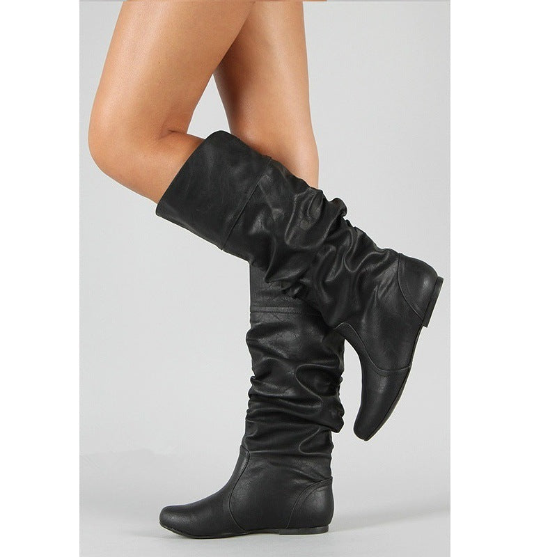 Women’s Knee-High Boots - Leather Look - Slouchy Ruching - Rounded Toe - Flat Heel