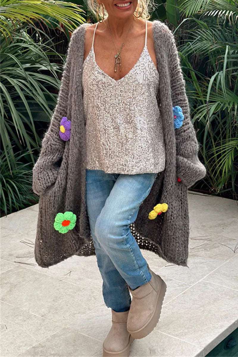 Women's casual elegant solid weave applique collar cardigan