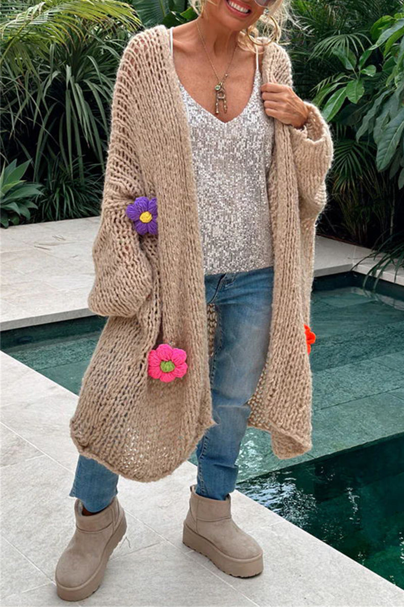 Women's casual elegant solid weave applique collar cardigan