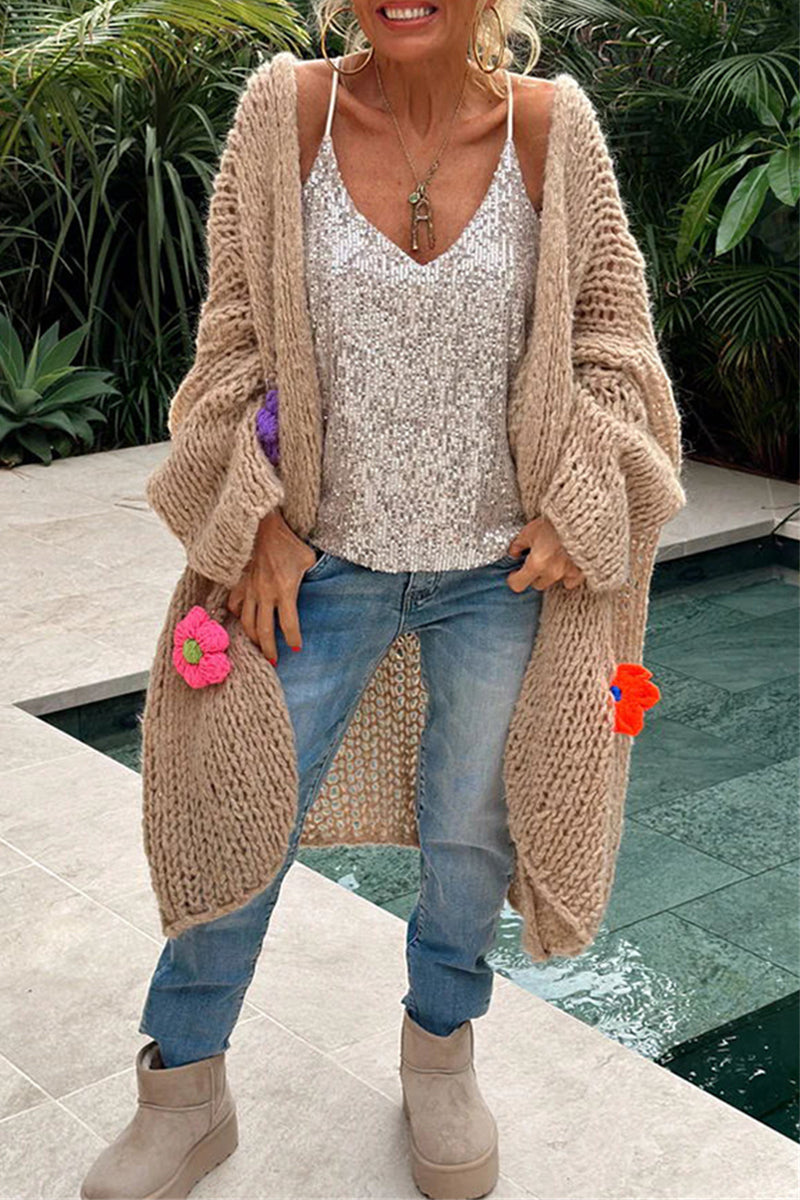 Women's casual elegant solid weave applique collar cardigan
